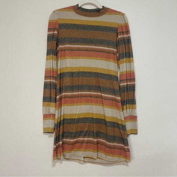 Band of Gypsies Dazed and Confused Stretch Shimmer Striped Mock Neck Shift Dress - Picture 4 of 8